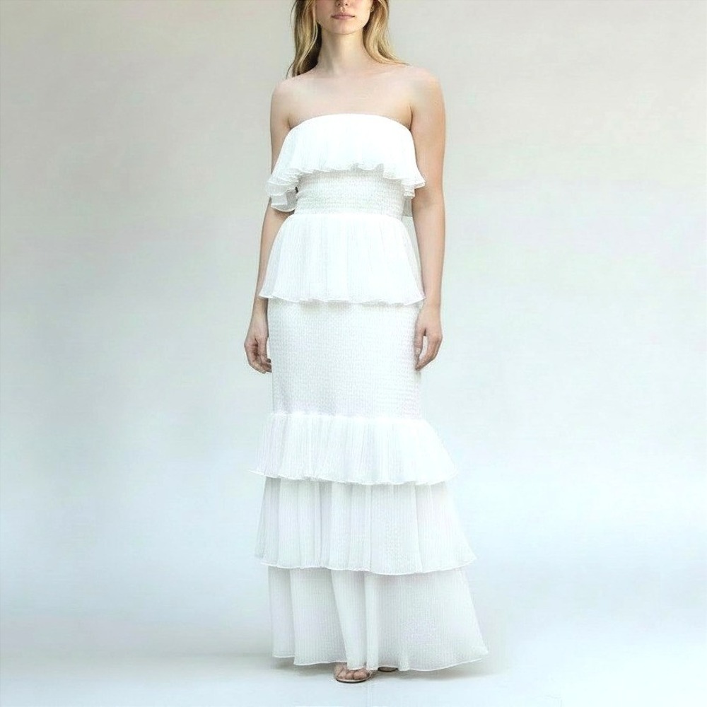 NWT Olivia Mark White Strapless Pleated Tiered Ruffle Smocked Maxi Dress Sz M